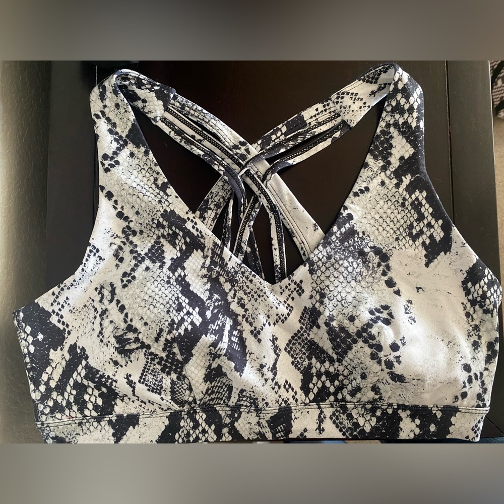 NWT- black and white snake print sports bra